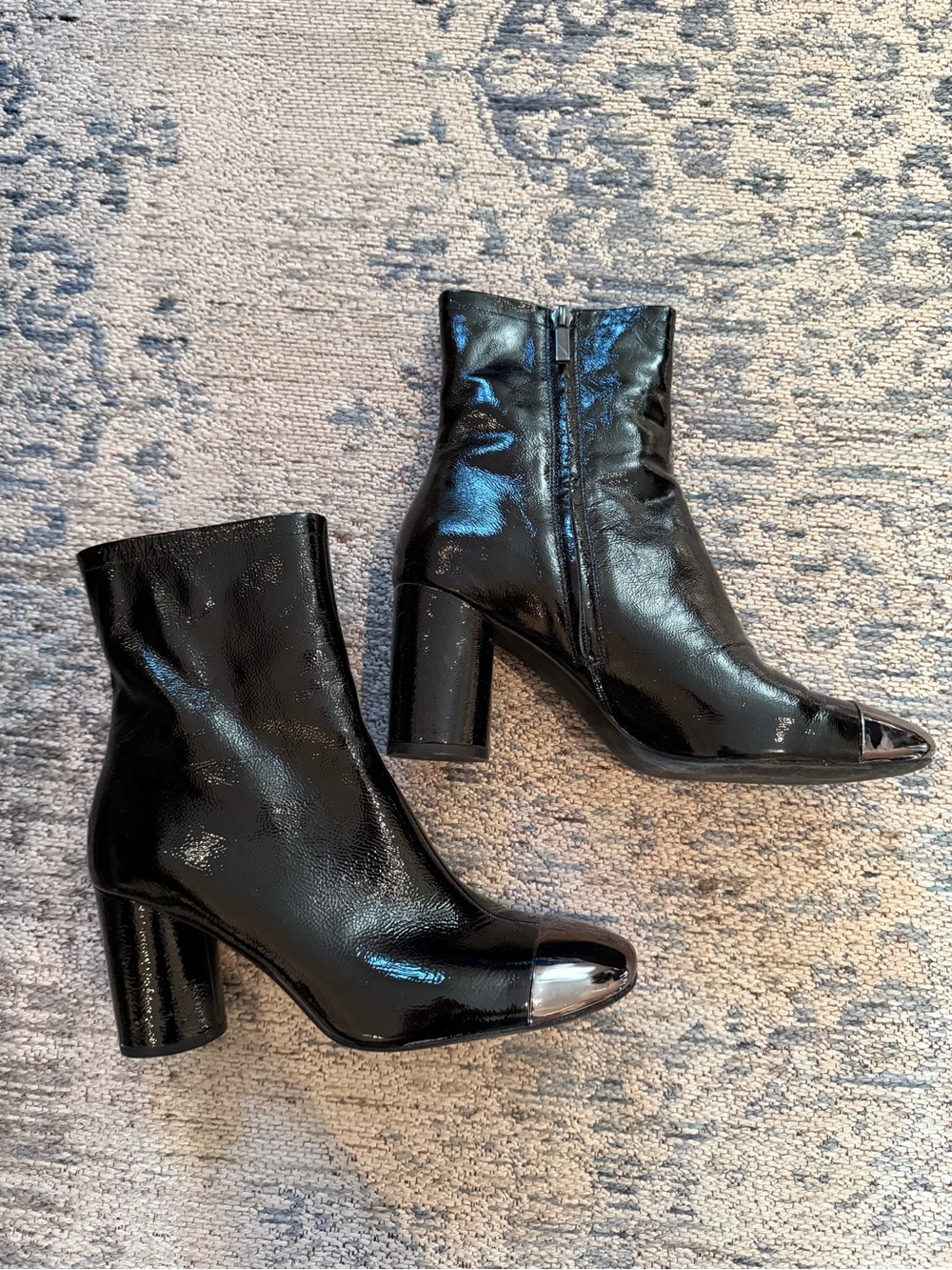 Zara Women Black Patent Leather Ankle Boots with Metallic Toe 40/10